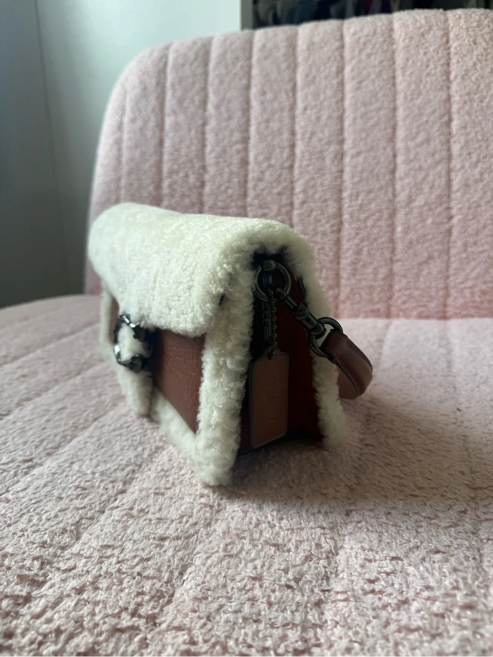 Coach Tabby Shearling Shoulder Bag in Cream and Tan/Brown